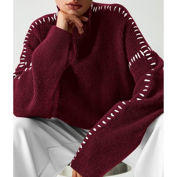 Prettygarden Women's Red Fall Long Sleeve Mock Neck Oversized Chunky Sweaters - Picture 7 of 7